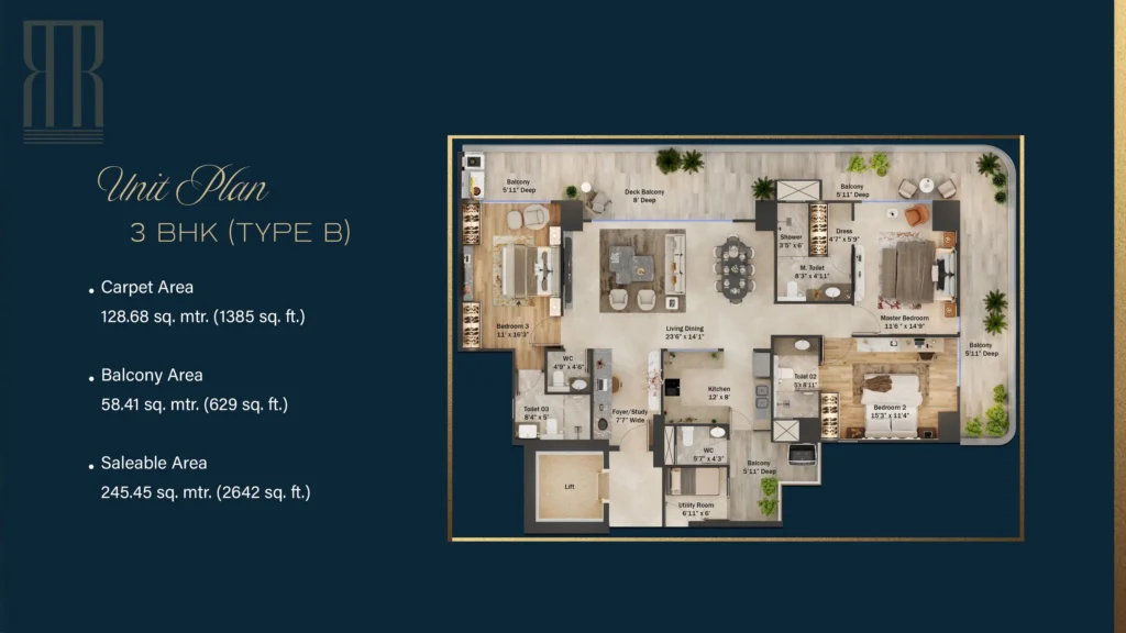 3 BHK (Type B) Floor Plan – 2,642 sq.ft. (Carpet 1,385 sq.ft. · Balcony 629 sq.ft.)