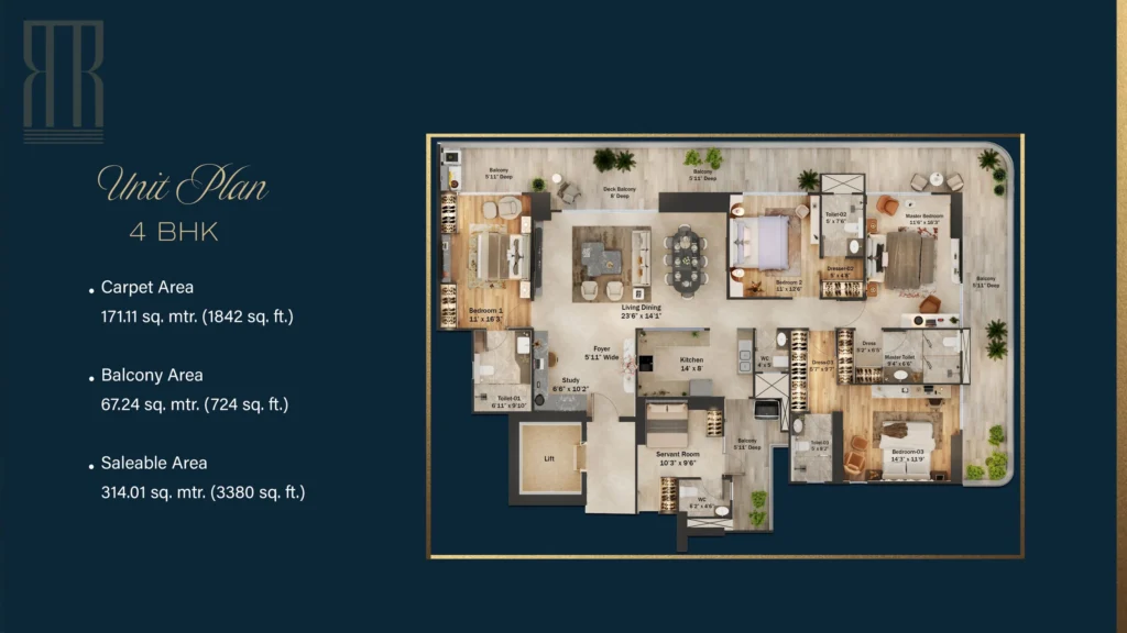 4 BHK (Type C) Floor Plan – 3,380 sq.ft. (Carpet 1,842 sq.ft. · Balcony 724 sq.ft.)