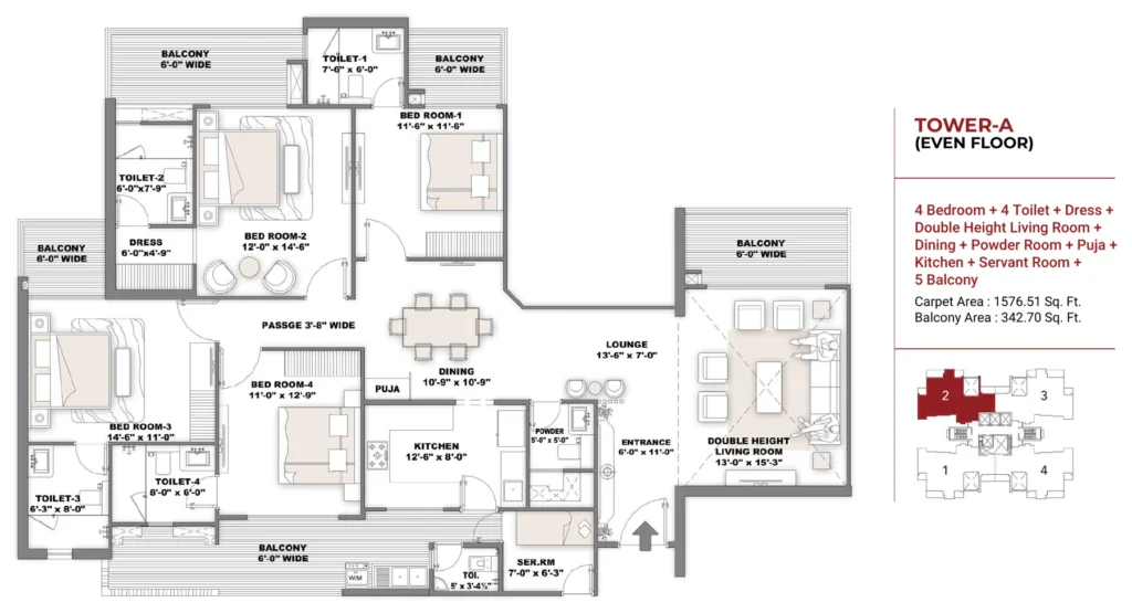 Ambrosia floor plan - Tower A - Even Floor (4 BHK)