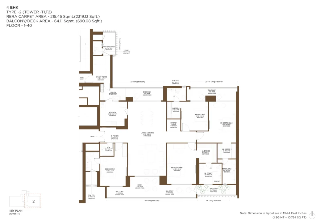 4 BHK – Type 2 (Towers T1, T2) Floor Plan