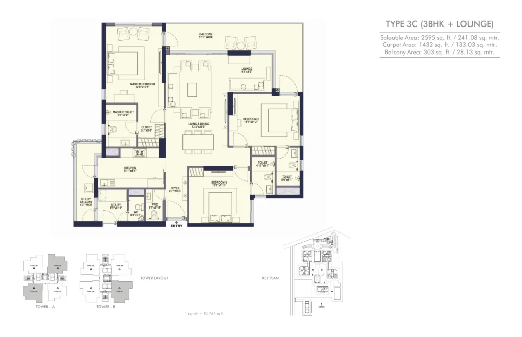 Conscient Elevate – Type 3C – 3 BHK + Lounge