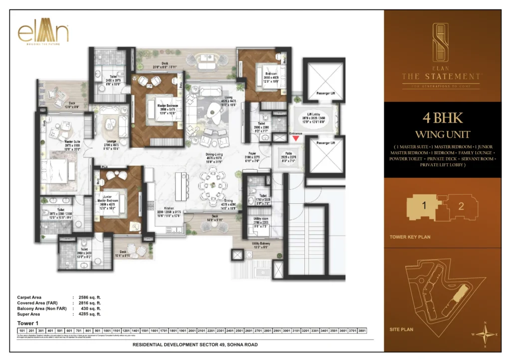 Elan The Statement floor plan - 4 BHK + Servant + Powder Room (4,285 sq.ft.)