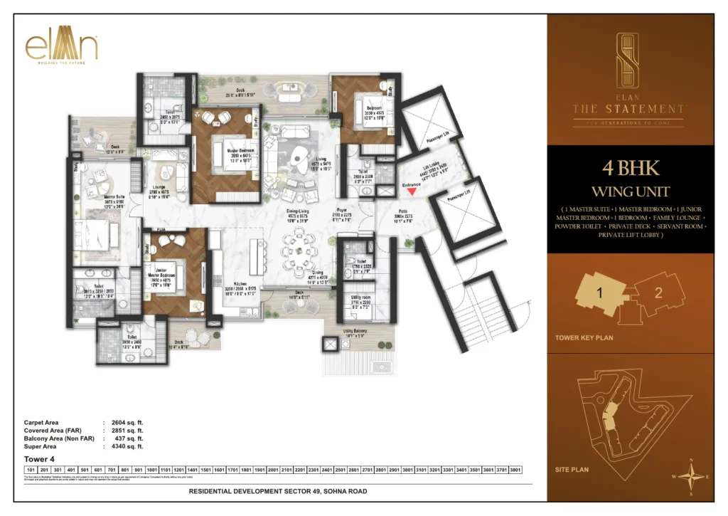 Elan The Statement floor plan - 4 BHK + Servant + Powder Room (4,340 sq.ft.)
