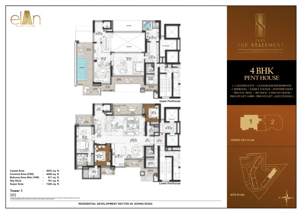 Elan The Statement floor plan - 4 BHK Duplex Penthouse + 2 Servant + Powder Room + Jacuzzi Pool (7,250 sq.ft.)