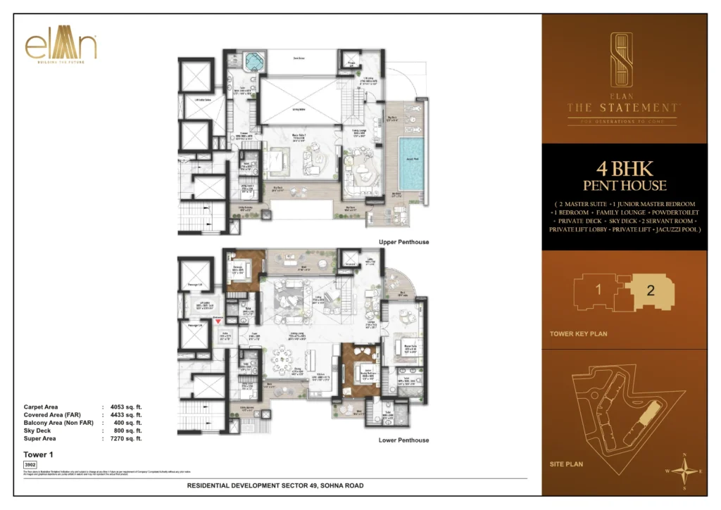 Elan The Statement floor plan - 4 BHK Duplex Penthouse + 2 Servant + Powder Room + Jacuzzi Pool (7,270 sq.ft.)