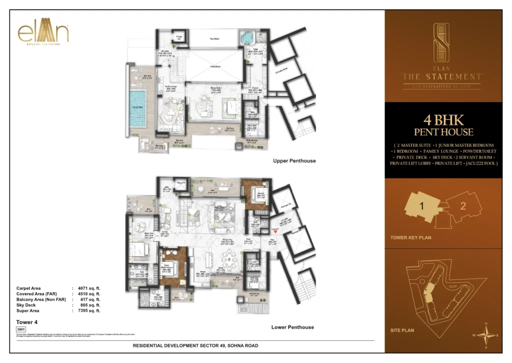 Elan The Statement floor plan - 4 BHK Duplex Penthouse + 2 Servant + Powder Room + Jacuzzi Pool (7,395 sq.ft.)