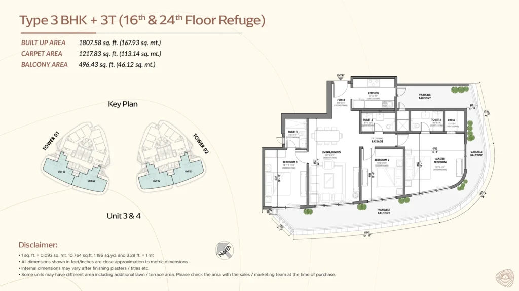 Eldeco Terra & Sol floor plan - 3 BHK + 3T (16th & 24th floor refuge, Unit 3 & 4)