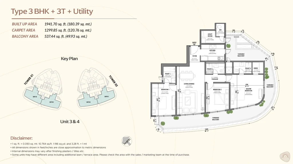 Eldeco Terra & Sol floor plan - 3 BHK + 3T + Utility (Unit 3 & 4)