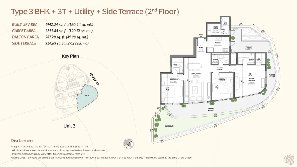 Eldeco Terra & Sol floor plan - 3 BHK + 3T + Utility + Side Terrace (2nd floor, Unit 3)