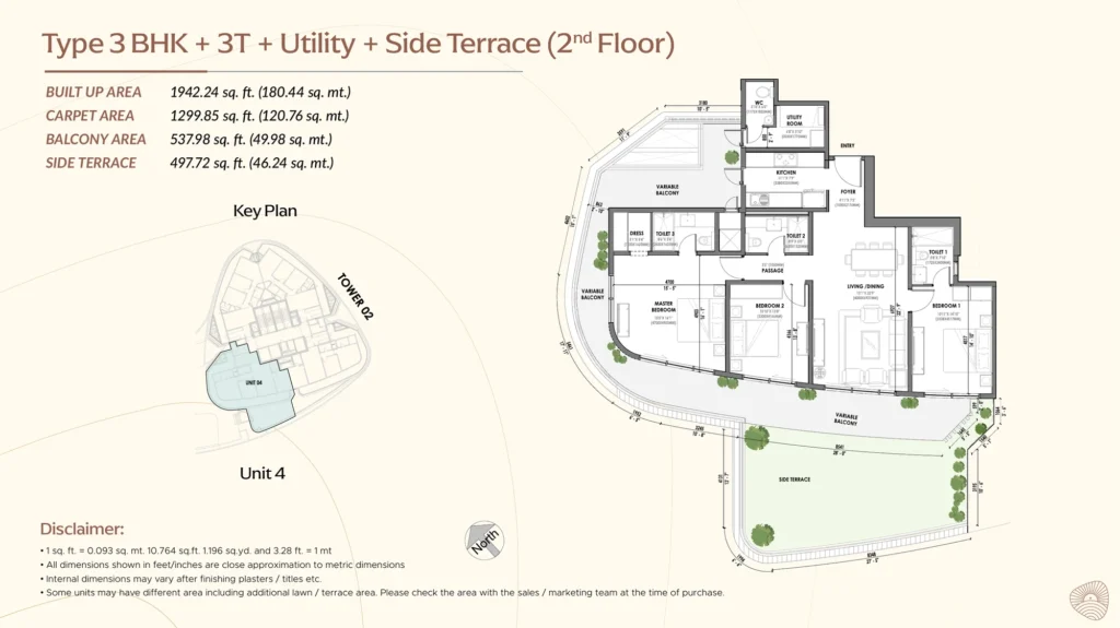 Eldeco Terra & Sol floor plan - 3 BHK + 3T + Utility + Side Terrace (2nd floor, Unit 4)