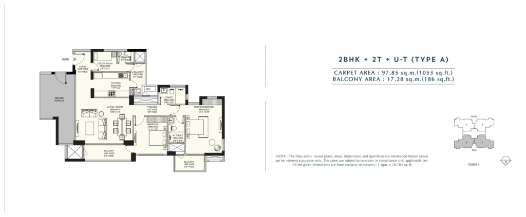 Emaar Amaris – 2 BHK + 2T + Utility – Type A floor plan