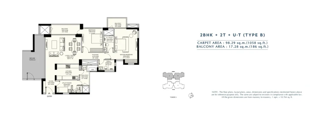 Emaar Amaris – 2 BHK + 2T + Utility – Type B floor plan