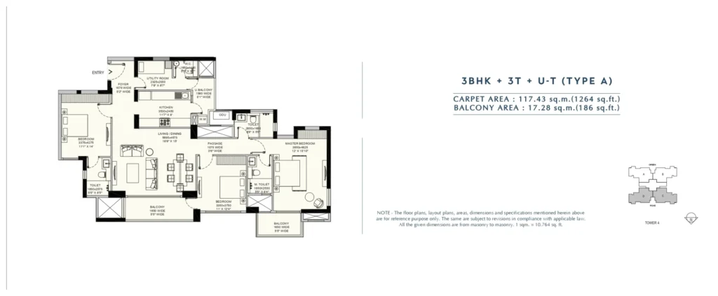 Emaar Amaris – 3 BHK + 3T + Utility – Type A floor plan