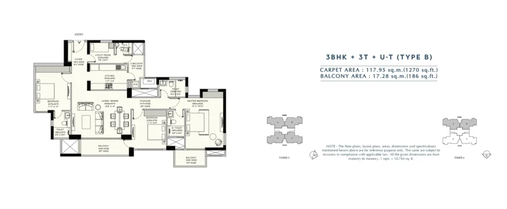 Emaar Amaris – 3 BHK + 3T + Utility – Type B floor plan
