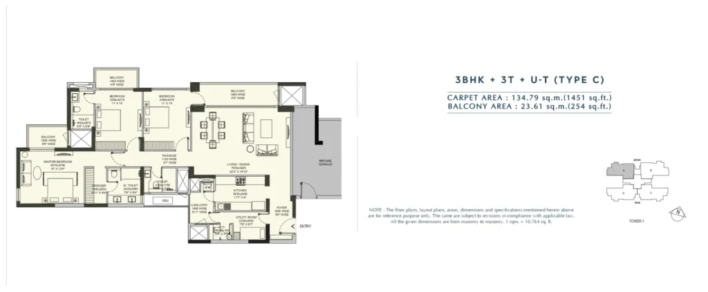 Emaar Amaris – 3 BHK + 3T + Utility – Type C floor plan