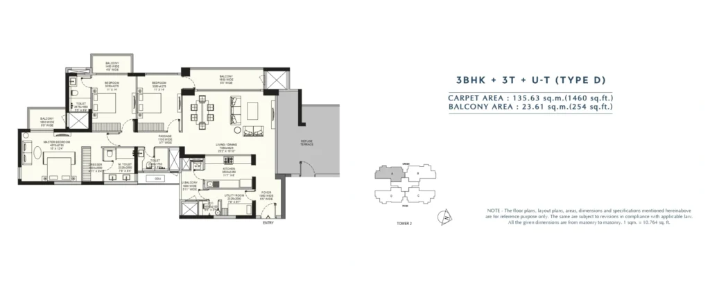 Emaar Amaris – 3 BHK + 3T + Utility – Type D floor plan