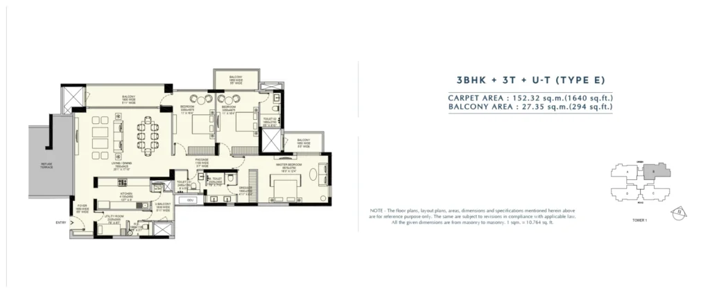 Emaar Amaris – 3 BHK + 3T + Utility – Type E floor plan