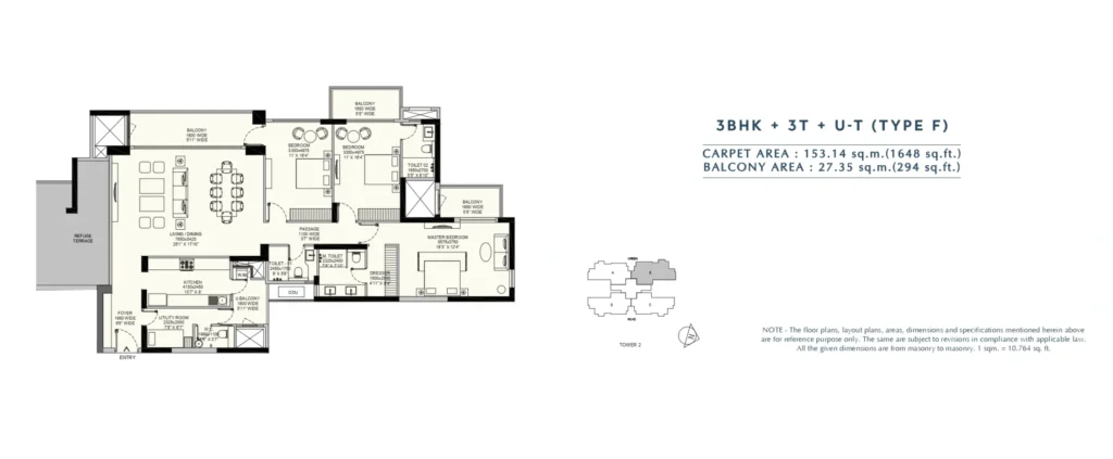 Emaar Amaris – 3 BHK + 3T + Utility – Type F floor plan