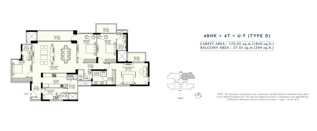 Emaar Amaris – 4 BHK + 4T + Utility – Type D floor plan
