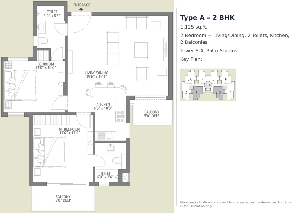 Palm Studios Type A – 2 BHK, 1,125 sq.ft.