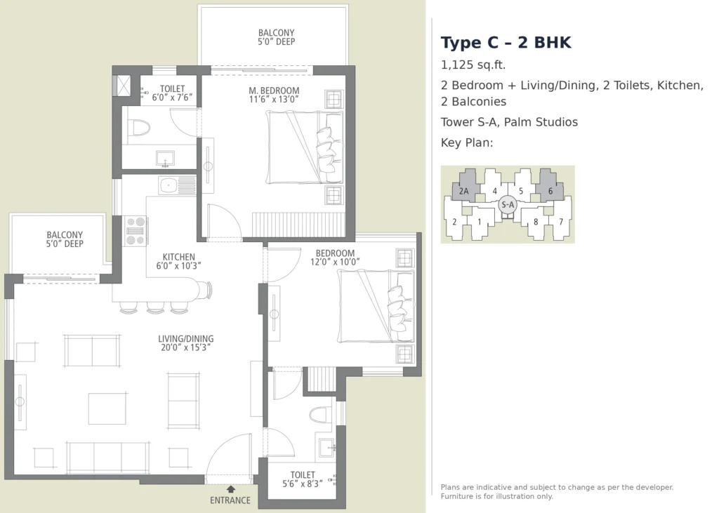Palm Studios Type C – 2 BHK, 1,125 sq.ft.