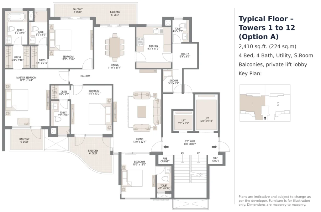 Palm Terraces Select Typical Floor – Towers 1 to 12 (Option A) – 4 BHK, 2,410 sq.ft.