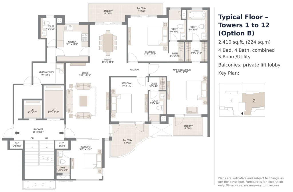 Palm Terraces Select Typical Floor – Towers 1 to 12 (Option B) – 4 BHK, 2,410 sq.ft.