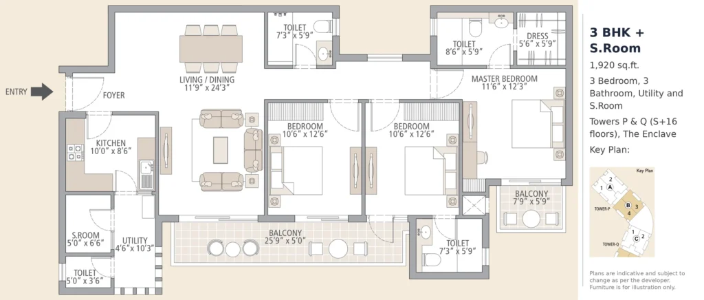 The Enclave 3 BHK + S.Room – 1,920 sq.ft. (Towers P & Q)