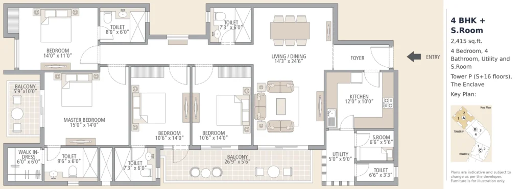 The Enclave 4 BHK + S.Room – 2,415 sq.ft. (Tower P)