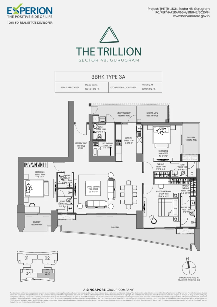 Experion The Trillion floor plan - 3 BHK Type 3A