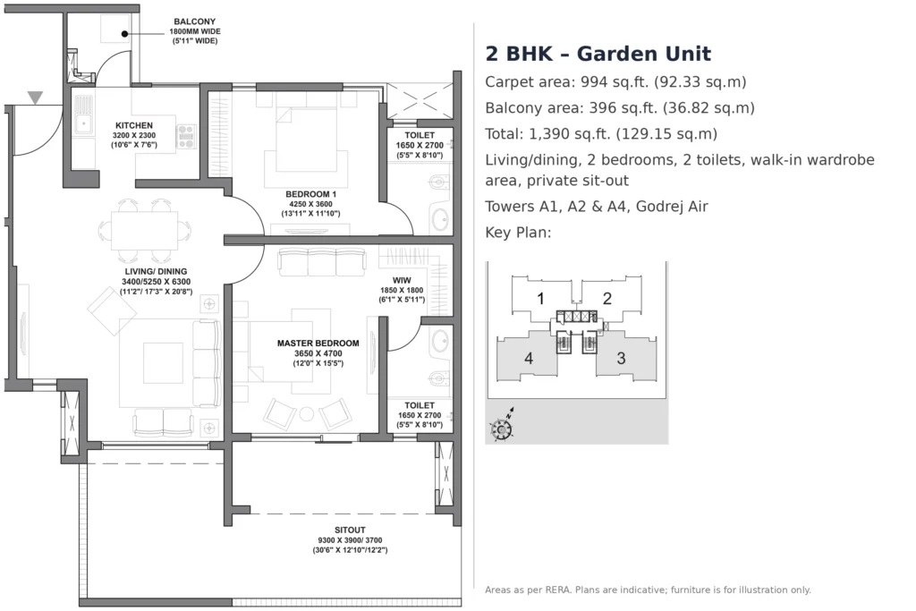 Godrej Air 2 BHK – Garden Unit – 994 sq.ft. carpet (Towers A1, A2 & A4)