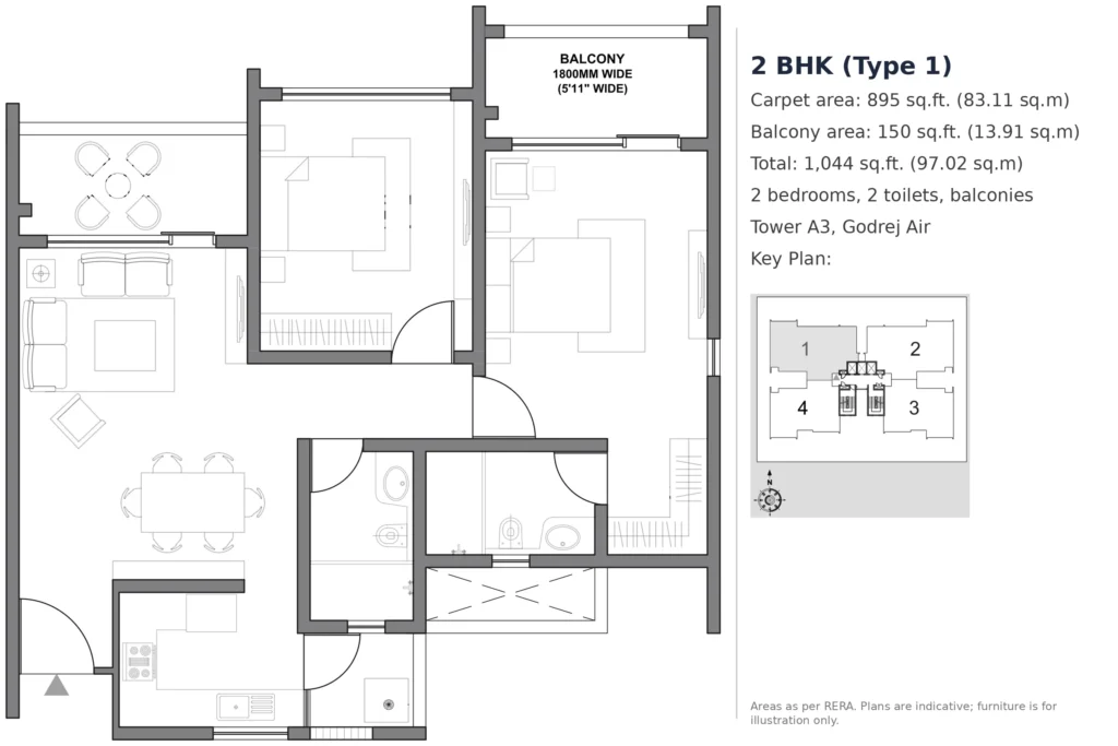 Godrej Air 2 BHK (Type 1) – 895 sq.ft. carpet (Tower A3)