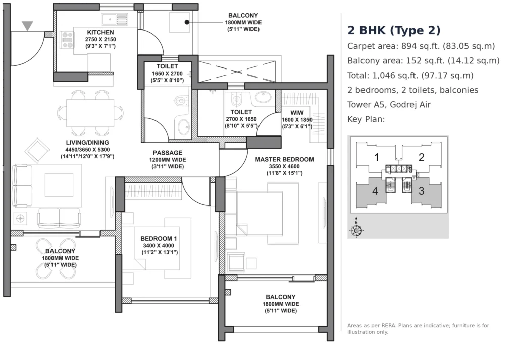 Godrej Air 2 BHK (Type 2) – 894 sq.ft. carpet (Tower A5)