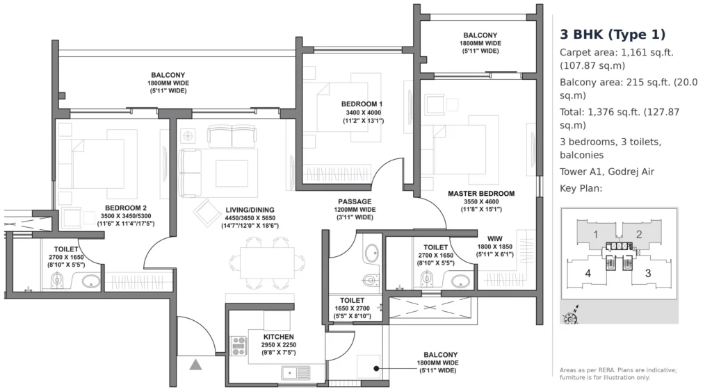 Godrej Air 3 BHK (Type 1) – 1,161 sq.ft. carpet (Tower A1)
