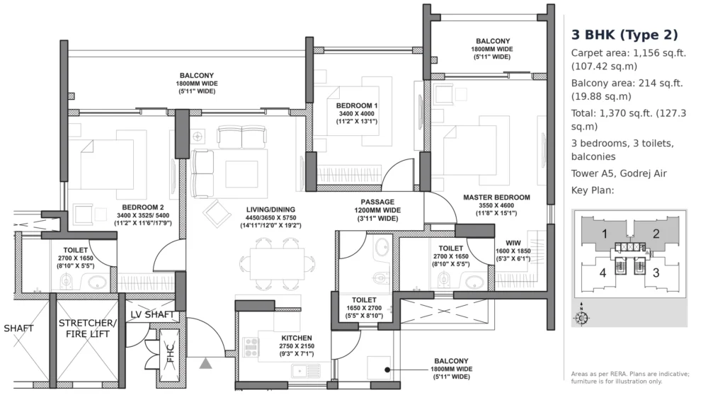Godrej Air 3 BHK (Type 2) – 1,156 sq.ft. carpet (Tower A5)