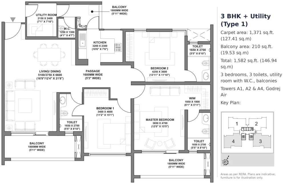 Godrej Air 3 BHK + Utility (Type 1) – 1,371 sq.ft. carpet (Towers A1, A2 & A4)