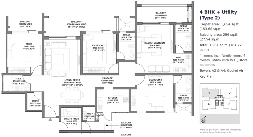 Godrej Air 4 BHK + Utility (Type 2) – 1,654 sq.ft. carpet (Towers A2 & A4)
