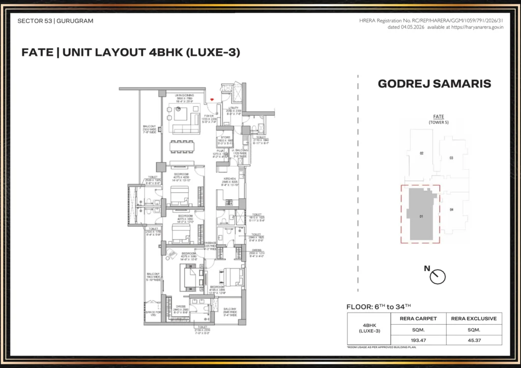 Godrej Samaris – Fate (T5) – 4 BHK Luxe-3 Floor Plan