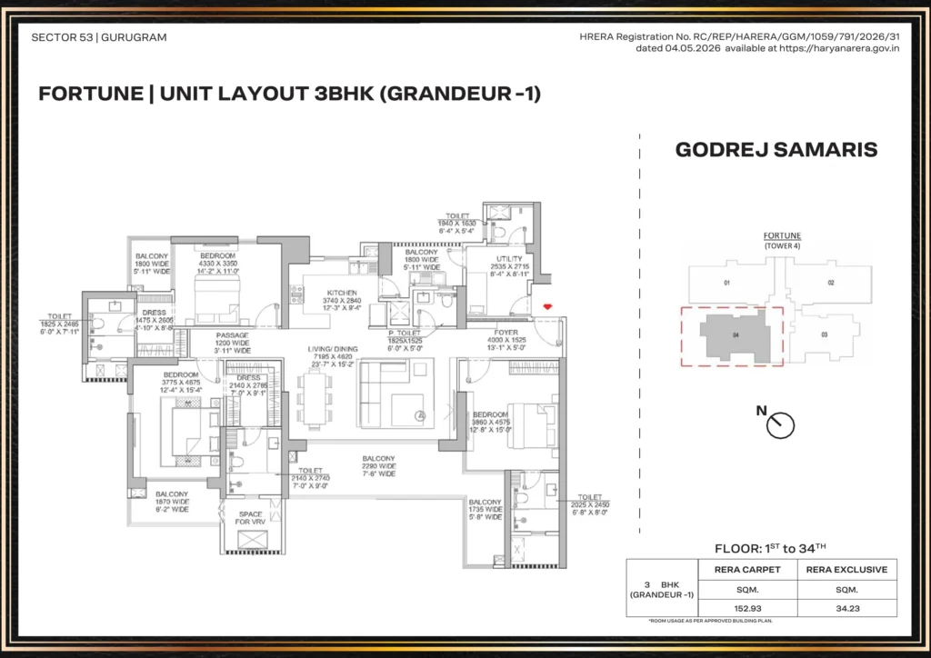 Godrej Samaris – Fortune (T4) – 3 BHK Grandeur-1 Floor Plan