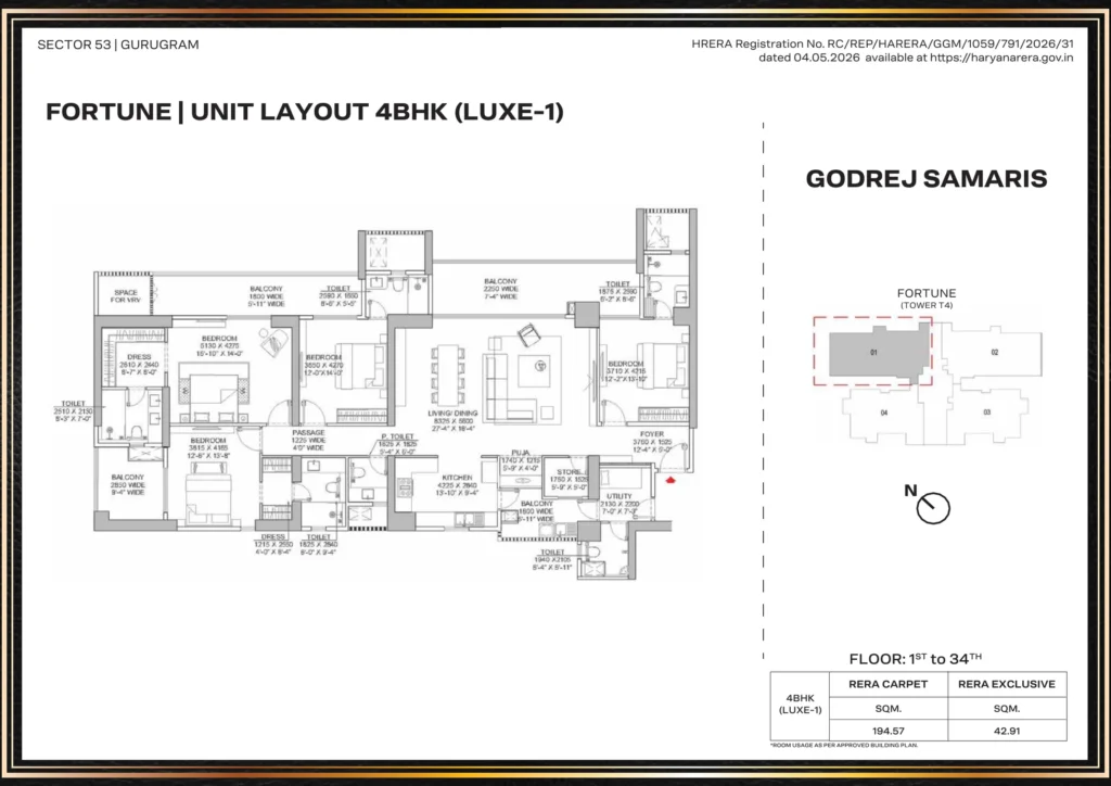 Godrej Samaris – Fortune (T4) – 4 BHK Luxe-1 Floor Plan