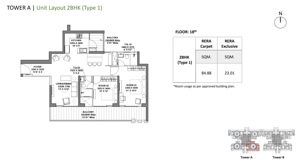 Godrej Vrikshya – 2 BHK – Type 1 (Towers A & B) floor plan