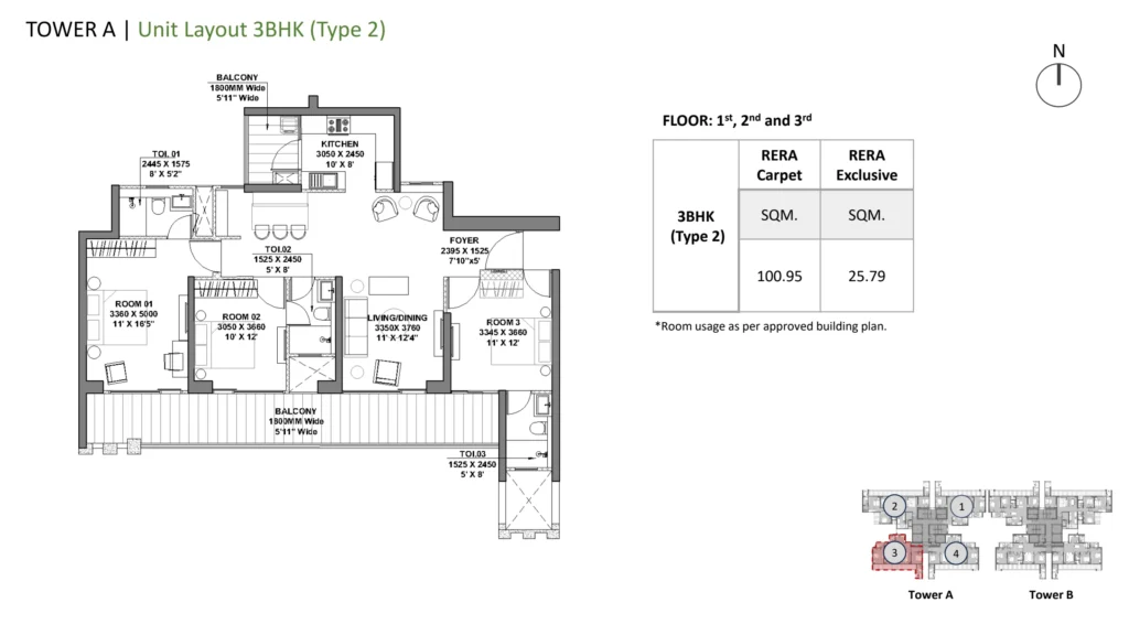 Godrej Vrikshya – 3 BHK – Type 2 (Towers A & B) floor plan