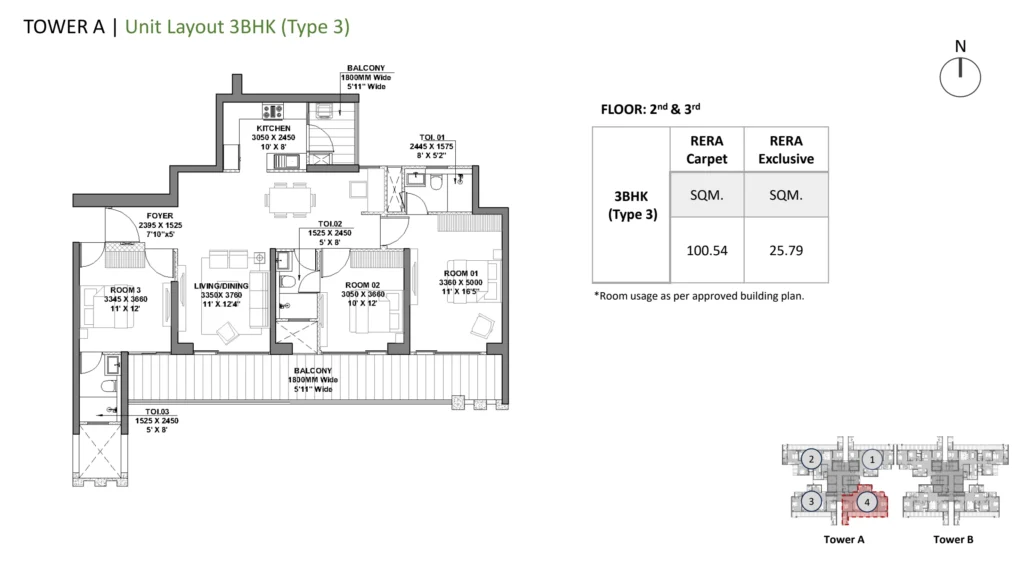 Godrej Vrikshya – 3 BHK – Type 3 (Towers A & B) floor plan