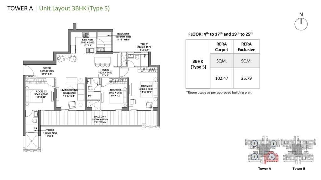 Godrej Vrikshya – 3 BHK – Type 5 (Towers A & B) floor plan