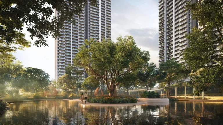 M3M Forestia West – Eco pond with towers (artistic impression)