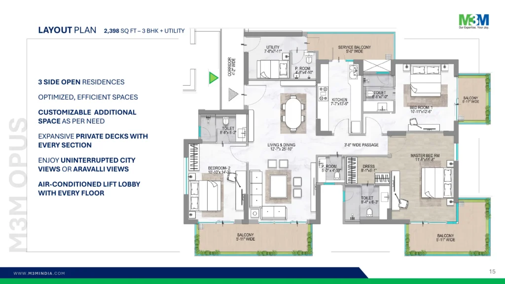 M3M Opus floor plan - 3 BHK + Utility + Powder Room