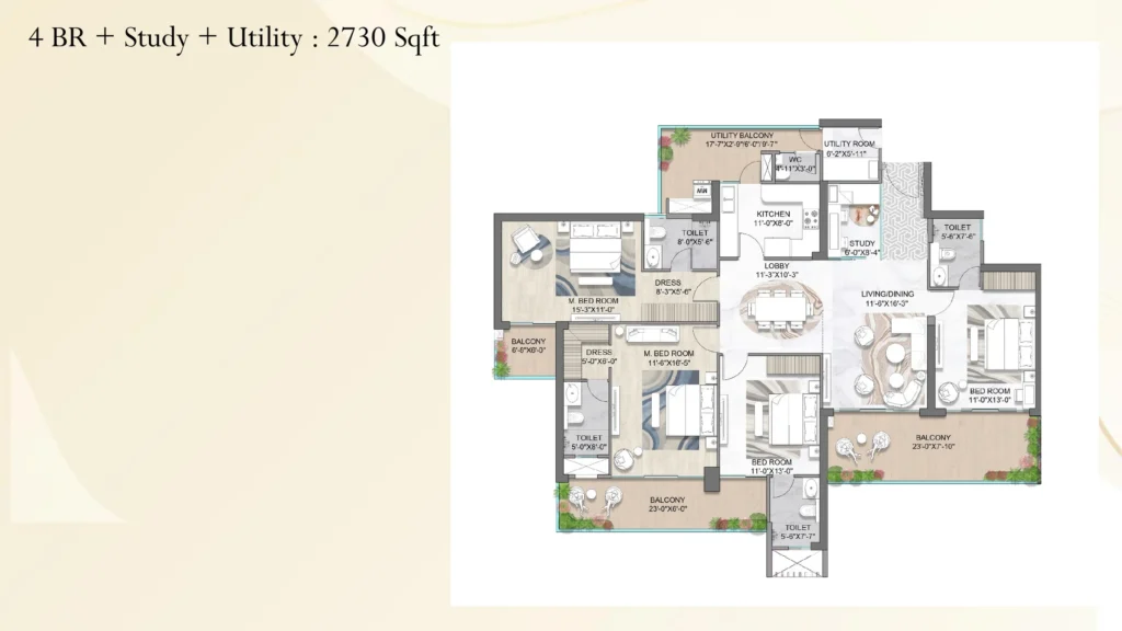 M3M St. Andrews – 4 BHK + Study + Utility, 2,730 sq.ft. Floor Plan