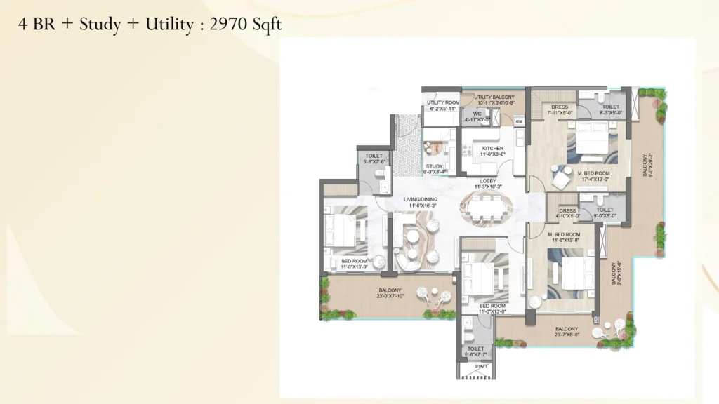M3M St. Andrews – 4 BHK + Study + Utility, 2,970 sq.ft. Floor Plan