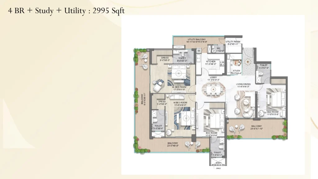 M3M St. Andrews – 4 BHK + Study + Utility, 2,995 sq.ft. Floor Plan