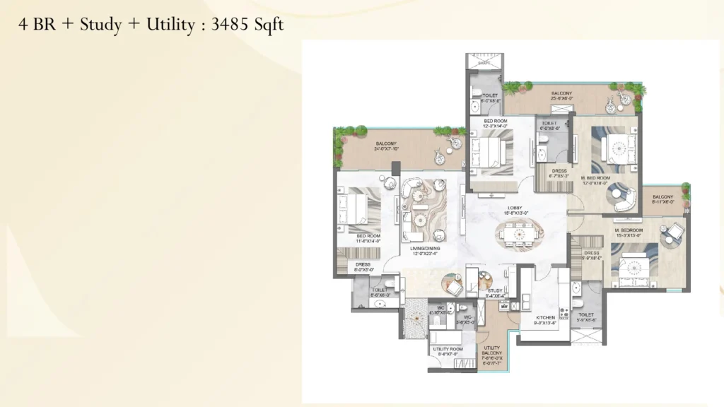 M3M St. Andrews – 4 BHK + Study + Utility, 3,485 sq.ft. Floor Plan